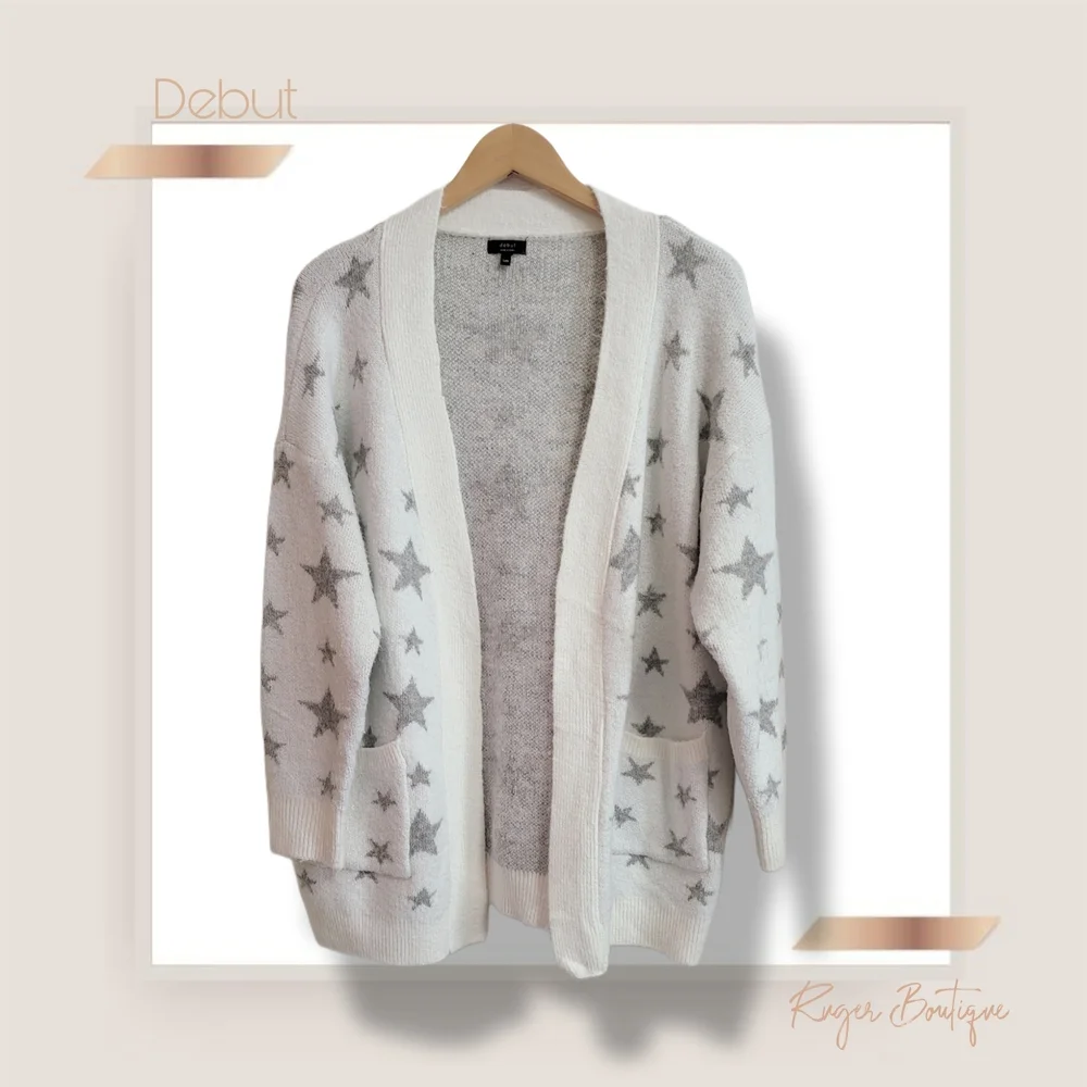 🌿DEBUT Star Fuzzy Cardigan | Oversized S/M | Off-White & Gray Boho Layers - Picture 3 of 13